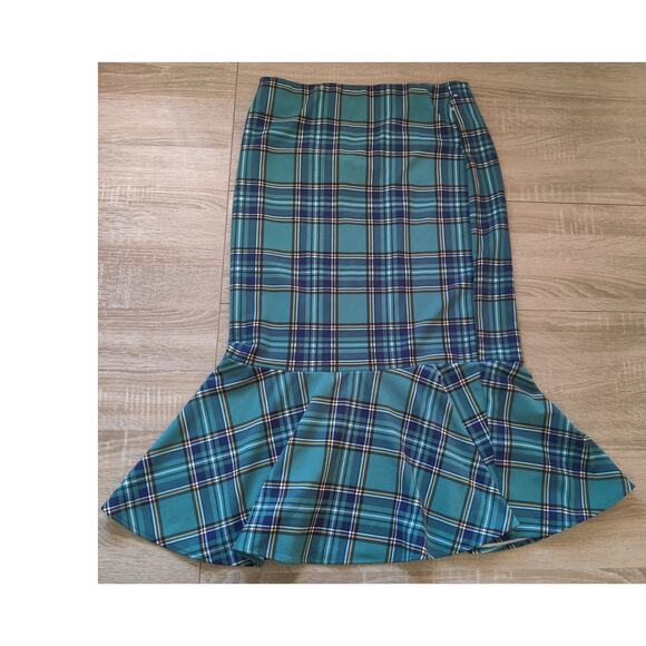 Messini Dresses & Skirts - Blue Green Plaid‎ Tartan Trumpet Hem Midi Skirt Mermaid Pull On Size M Office